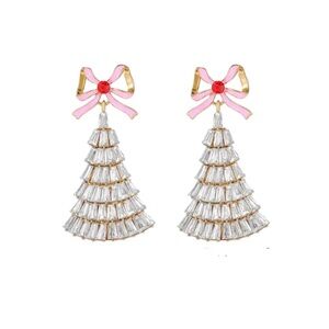 Pink Bow Rhinestone Christmas Tree Earrings